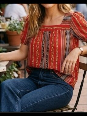 LOFT Red Patterned Square-Neck Puff Sleeve Top